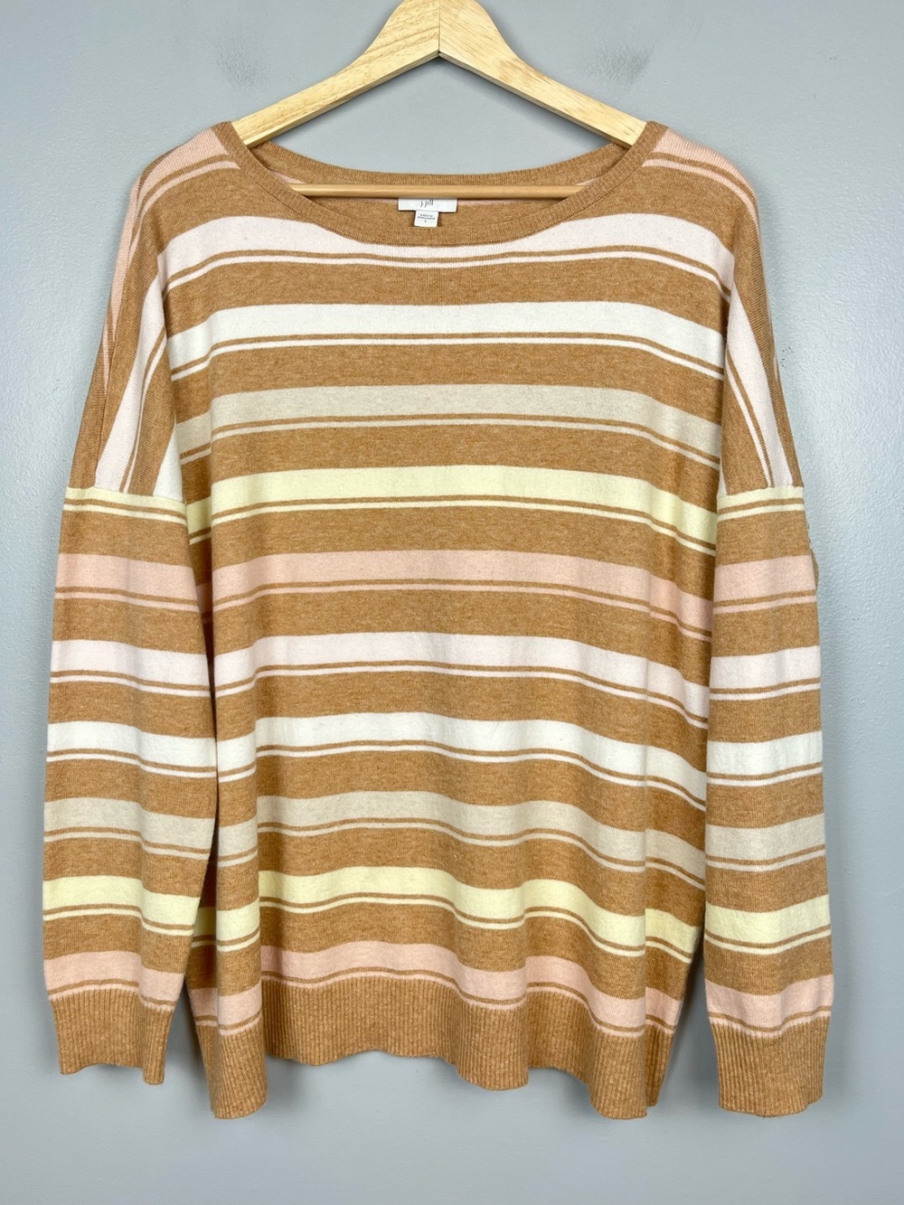 J.Jill tan yellow & pink cotton blend boxy pullover sweater, size large.